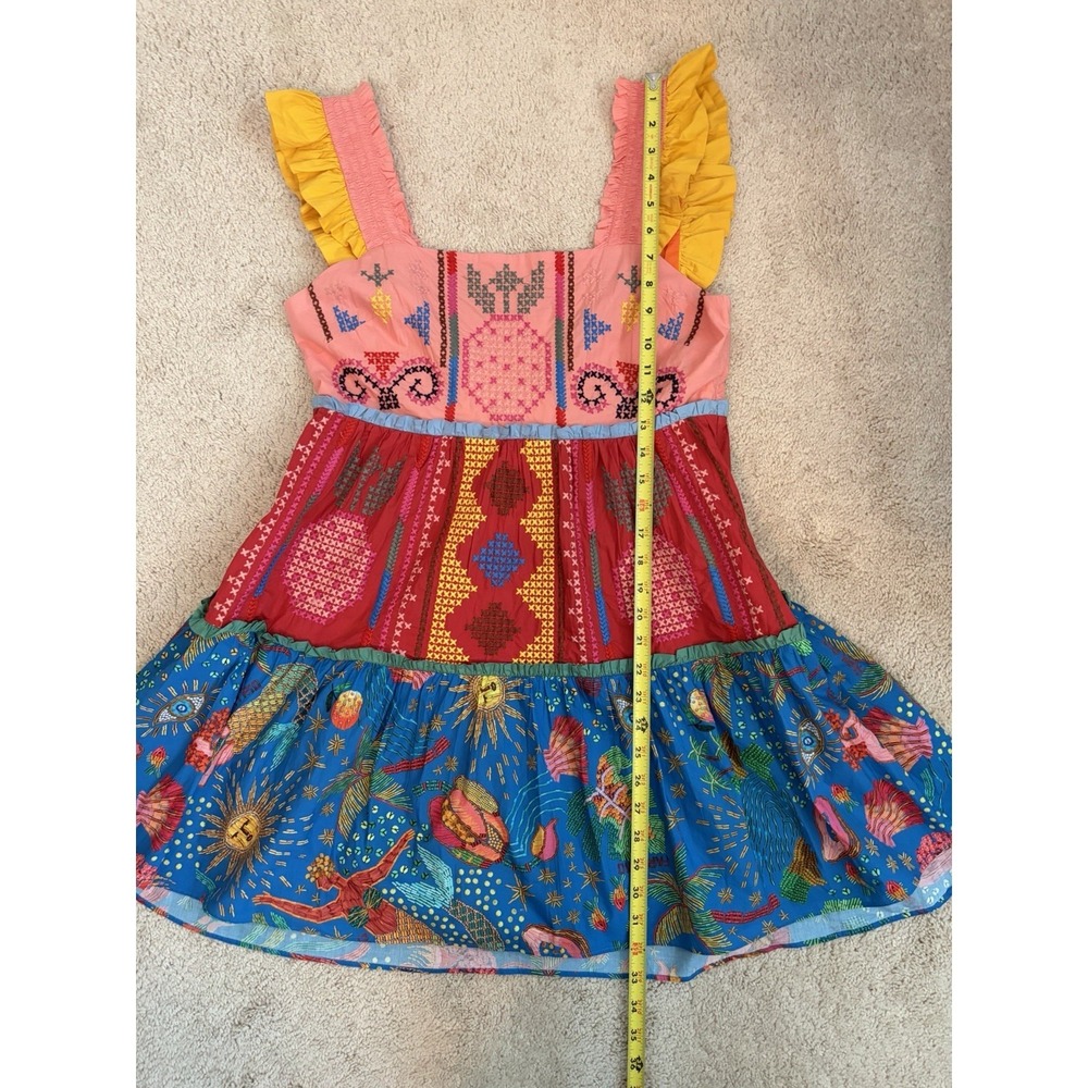 Farm Rio Embroidered Multicolor Block Cross-Stitch Tiered Cotton Minidress Sz M - Picture 12 of 14